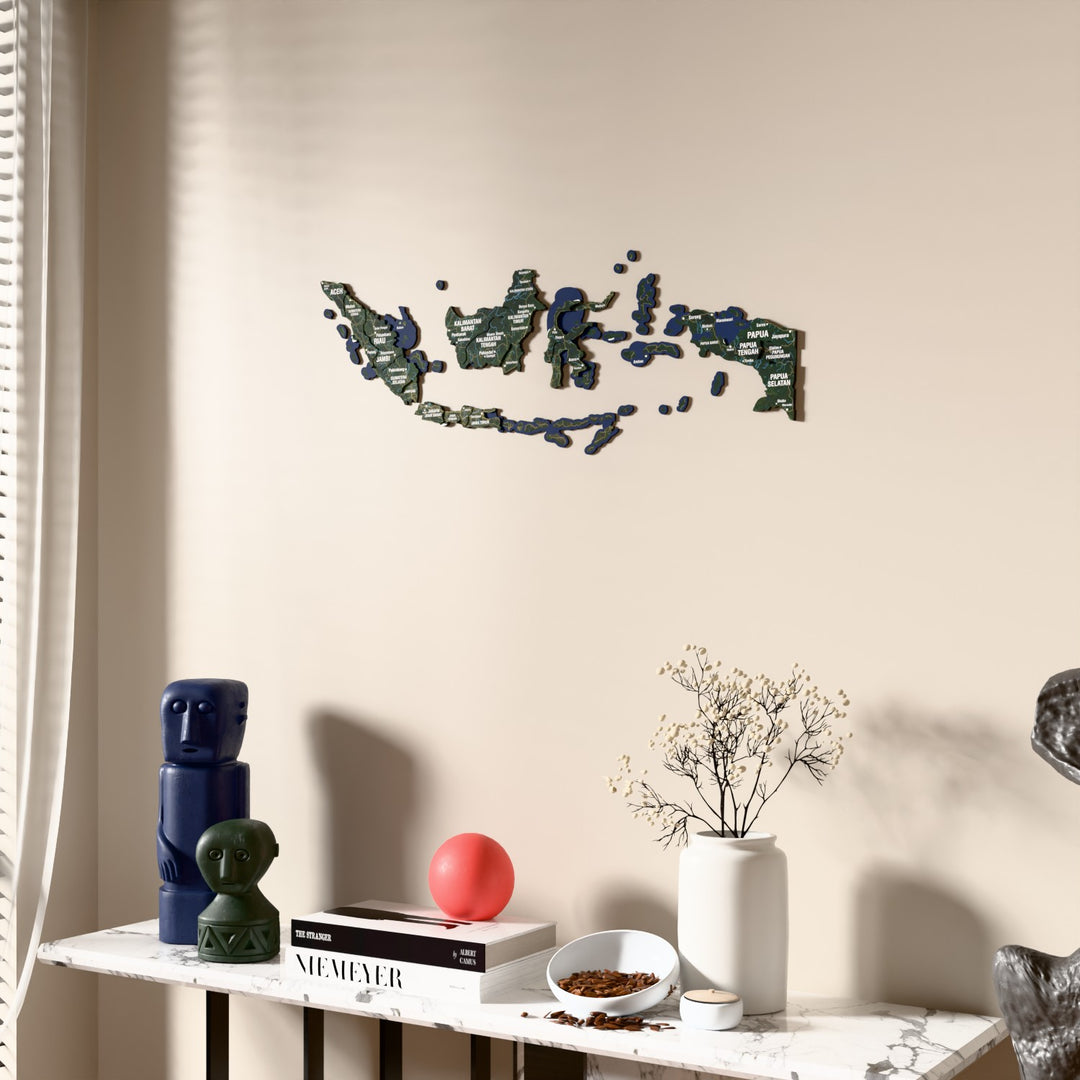 Satellite Indonesia wooden wall map beside a sheer curtain, angled view
