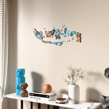 Soil Indonesia wooden wall map beside a sheer curtain, angled view