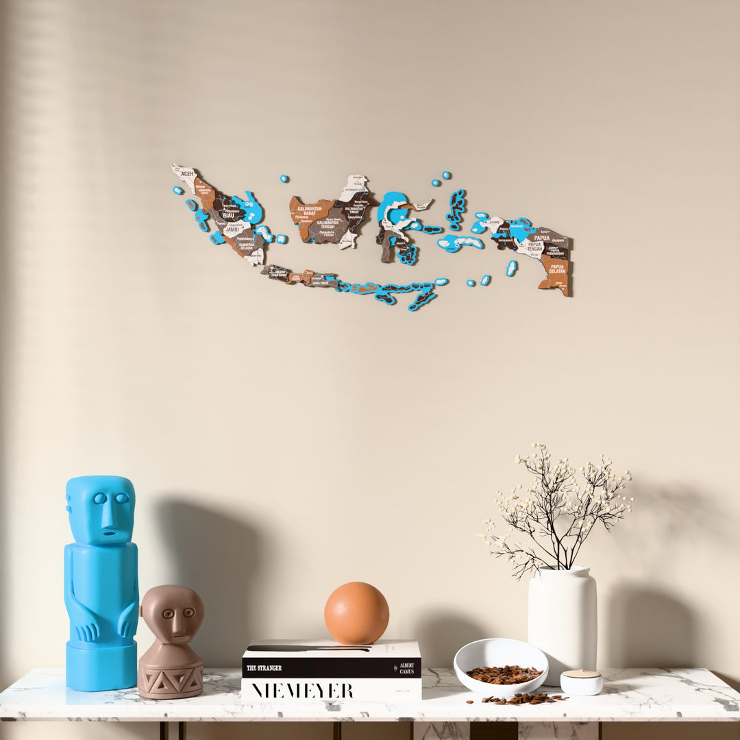 Soil Indonesia wooden wall map above a marble console, front view