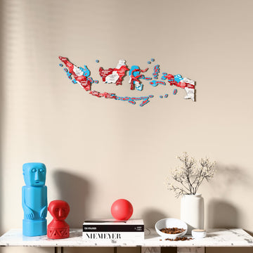 Flag colored Indonesia wooden wall map above a marble console, front view