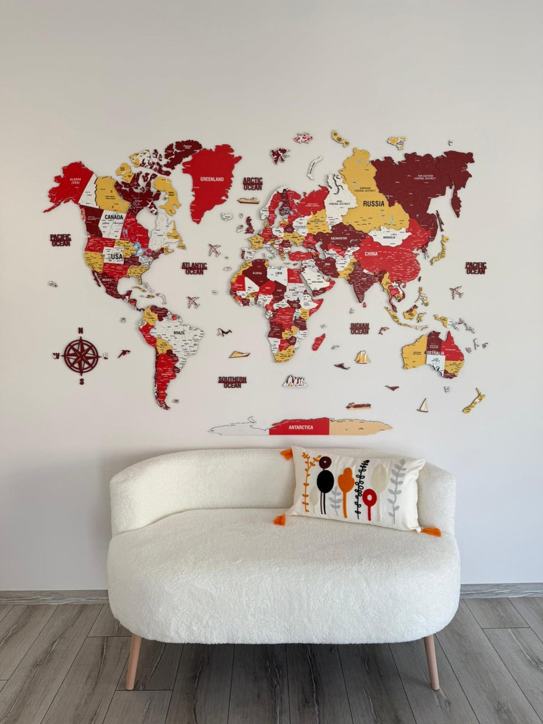 3D Wooden World Map - Vibrant Colors & Push Pins (Terracota) in a customer's home
