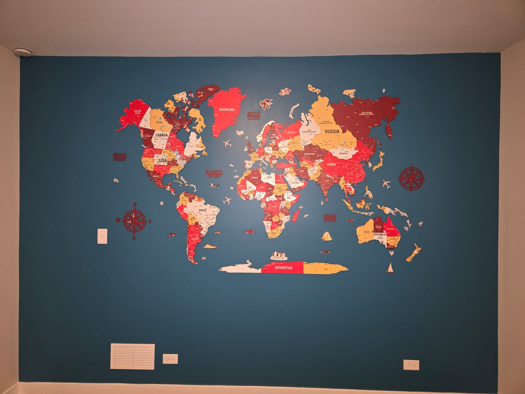 3D Wooden World Map - Vibrant Colors & Push Pins (Terracota) in a customer's home