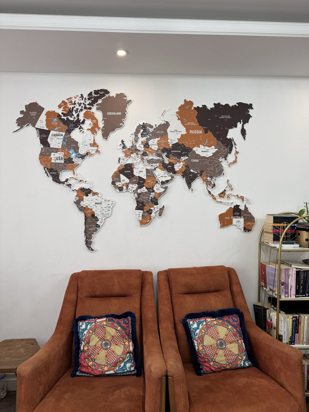 Exclusive Metal World Map Wall Decor - UV Print Wall Art (Soil) in a customer's home