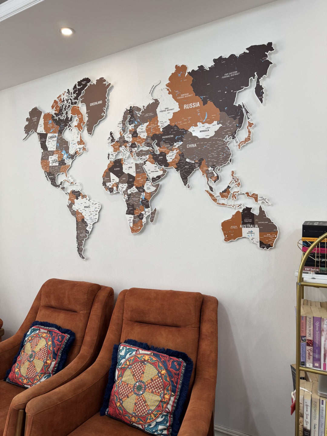 Exclusive Metal World Map Wall Decor - UV Print Wall Art (Soil) in a customer's home