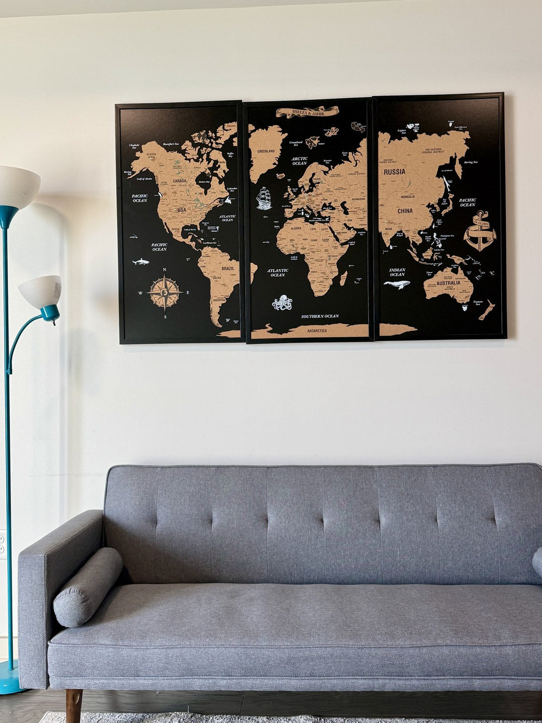 Framed Cork Push Pin World Map - Travel Tracker Wall Art in a customer's home