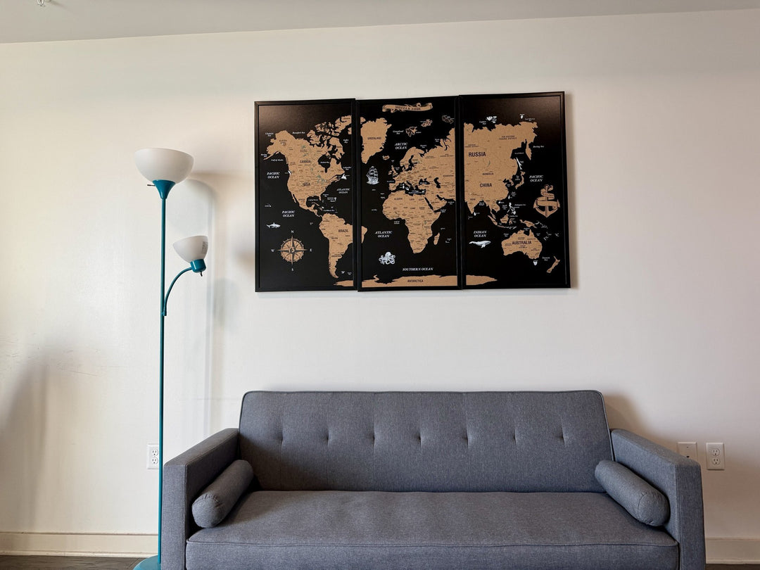 Framed Cork Push Pin World Map - Travel Tracker Wall Art in a customer's home