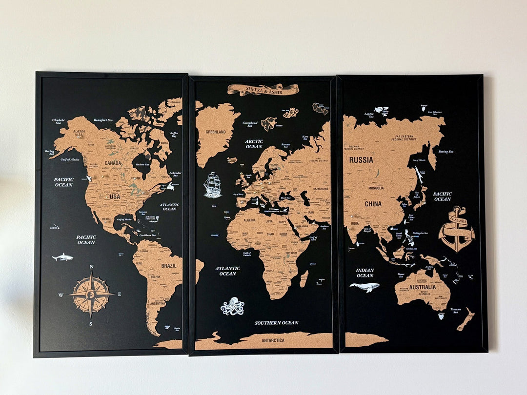 Framed Cork Push Pin World Map - Travel Tracker Wall Art in a customer's home