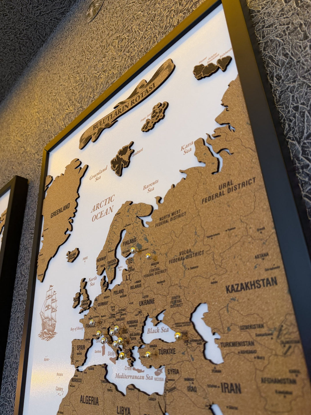 Framed Cork Push Pin World Map - Travel Tracker Wall Art in a customer's home