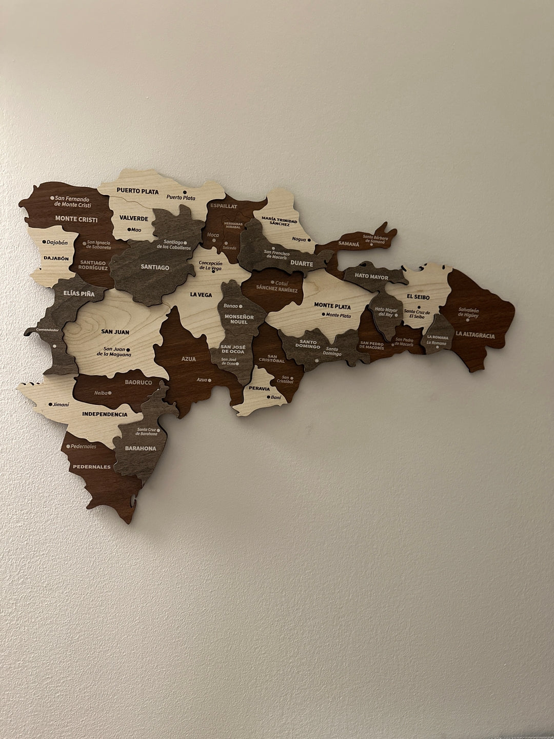Dominican Republic Wall Map with City Names - 3D Wooden Multilayared in a customer's home