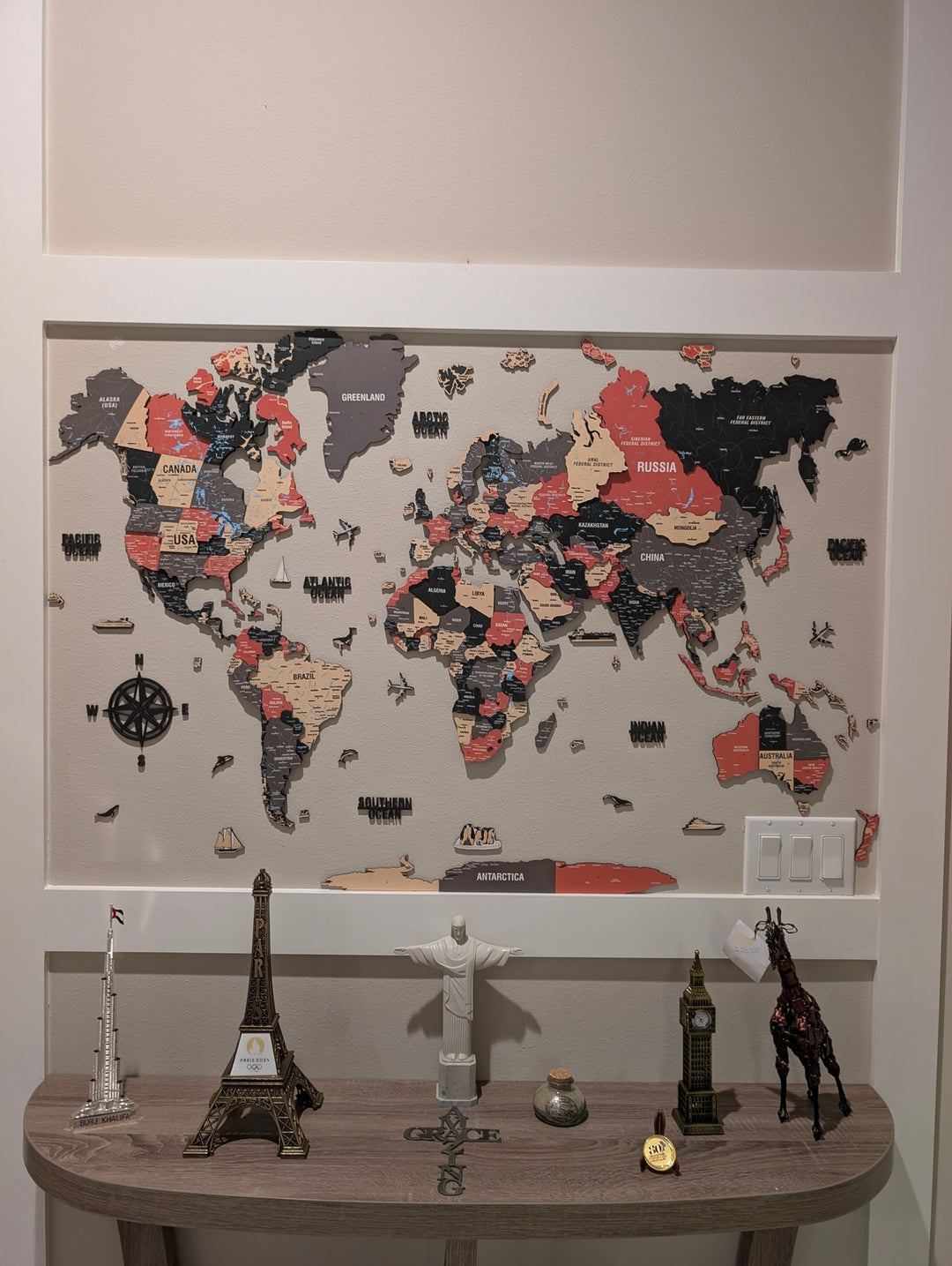 Map of the World Art for Wall - 3D & Vibrant Colors (Sage) in a customer's home