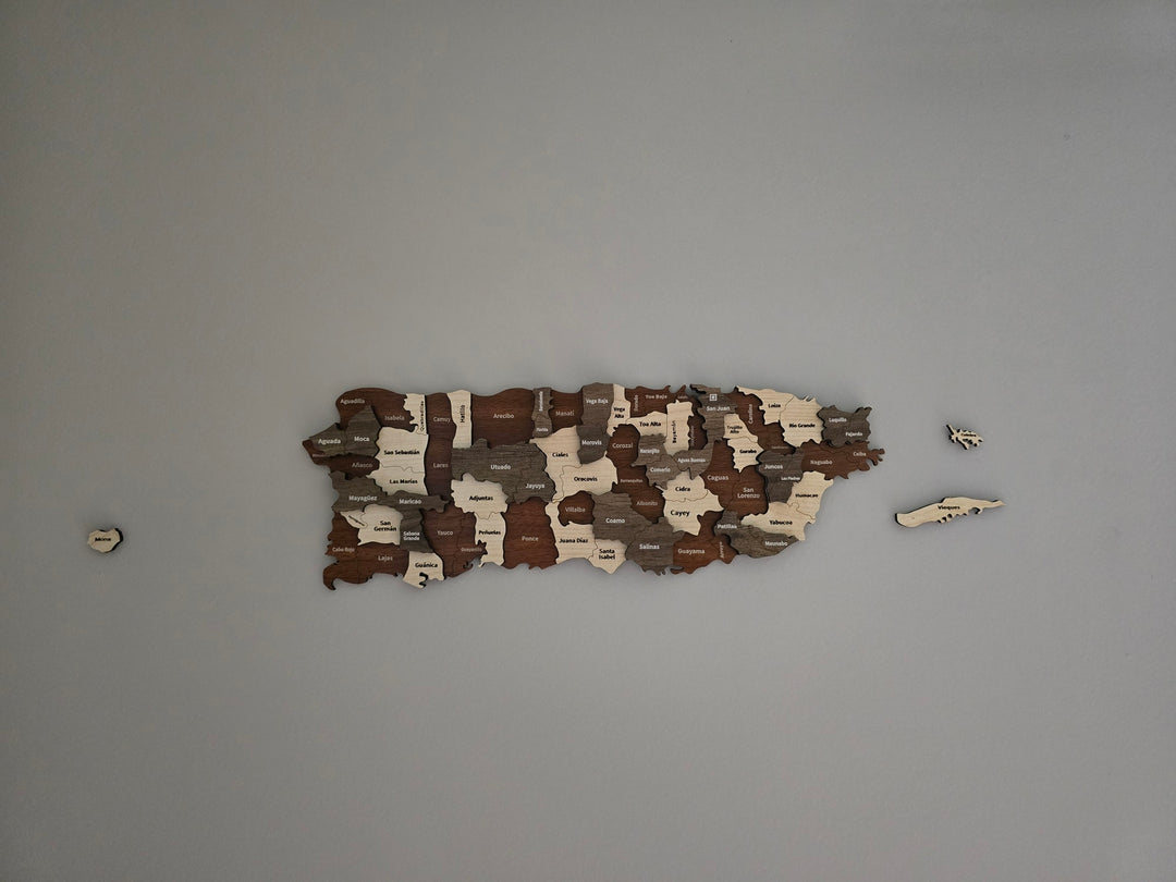 Puerto Rico Wall Map with Cities - 3D Wooden Multilayered Wall Decor - Puerto Rican Gifts in a customer's home