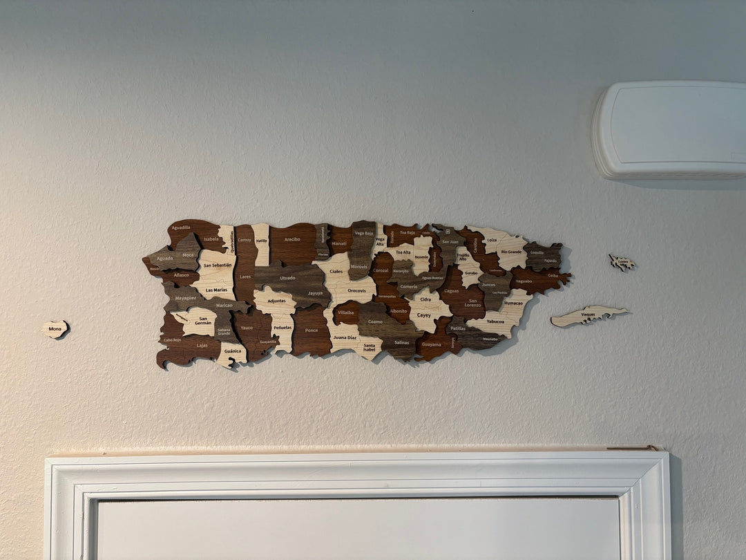 Puerto Rico Wall Map with Cities - 3D Wooden Multilayered Wall Decor - Puerto Rican Gifts in a customer's home