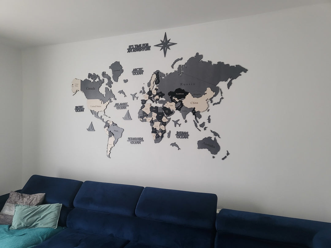 Wood Map Living Room Wall Decor - World Map Wall Art in a customer's home