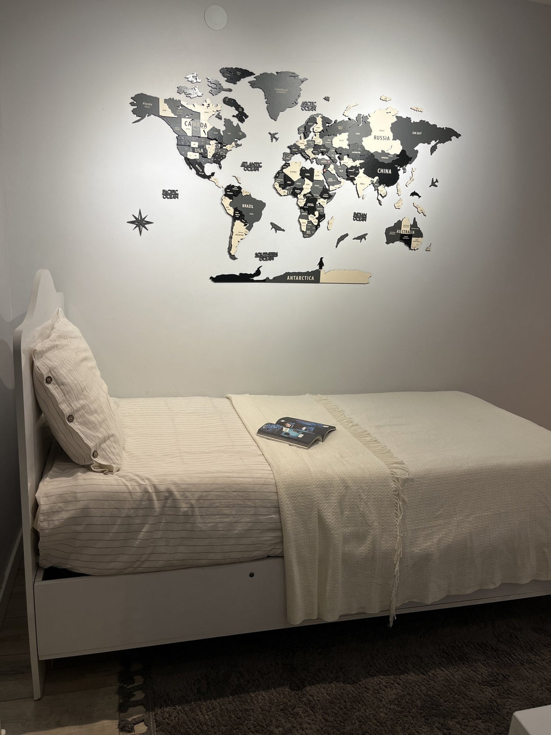 Wood Map Living Room Wall Decor - World Map Wall Art in a customer's home