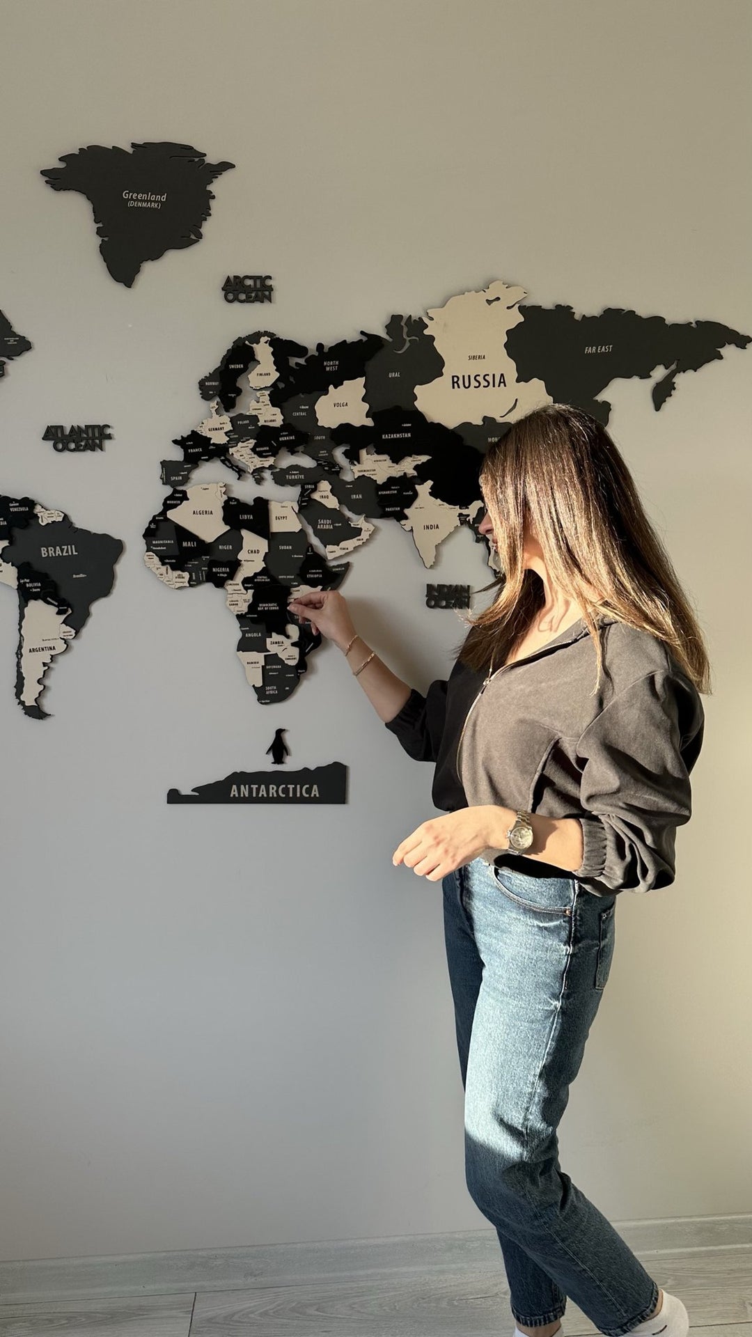 Wood Map Living Room Wall Decor - World Map Wall Art in a customer's home