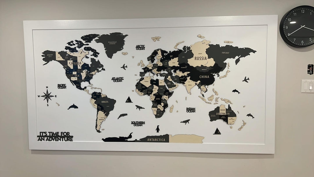 Wood Map Living Room Wall Decor - World Map Wall Art in a customer's home