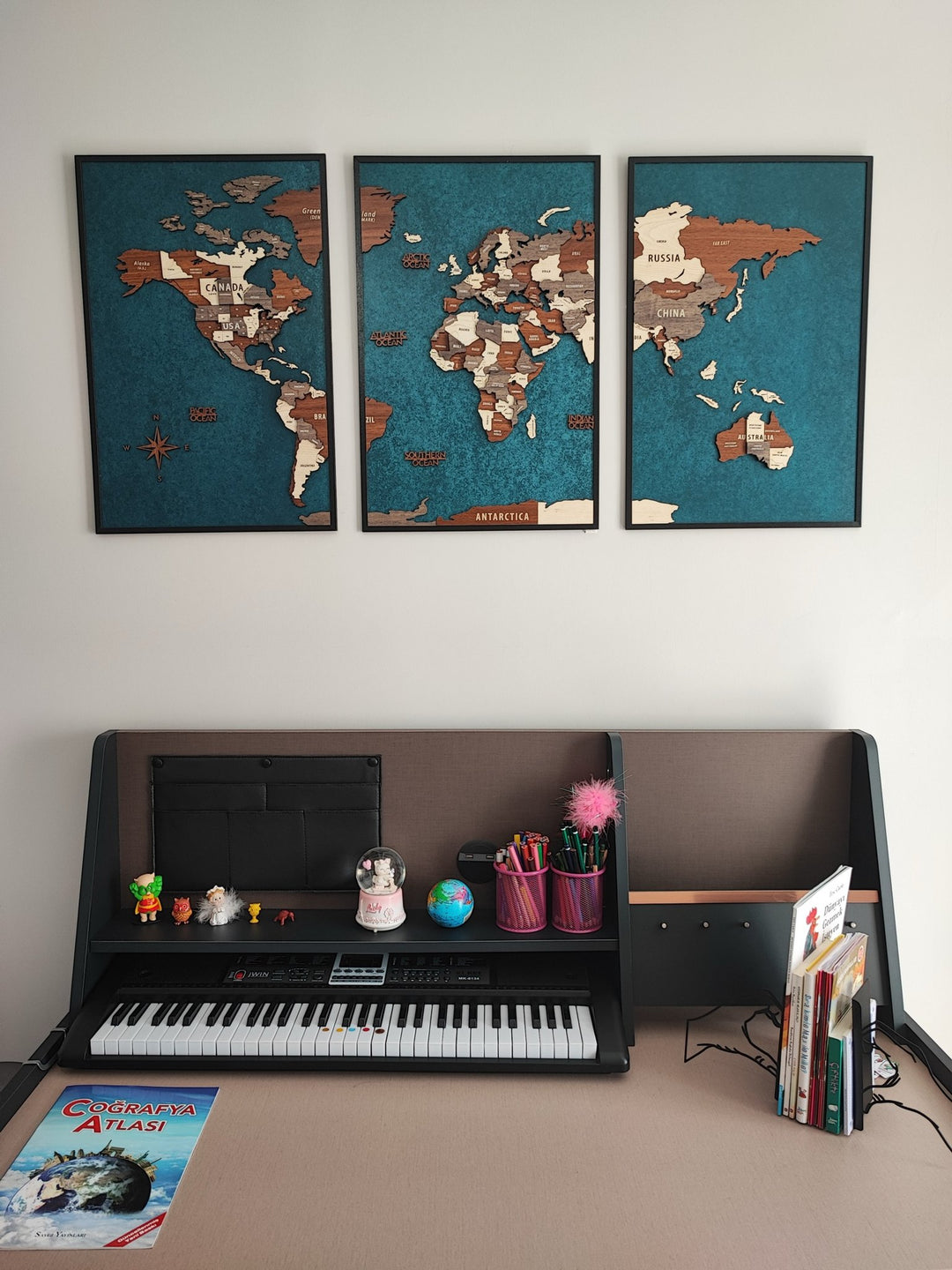 Wooden World Map 3D Multilayered, Pin Adventures & Home Decors in a customer's home