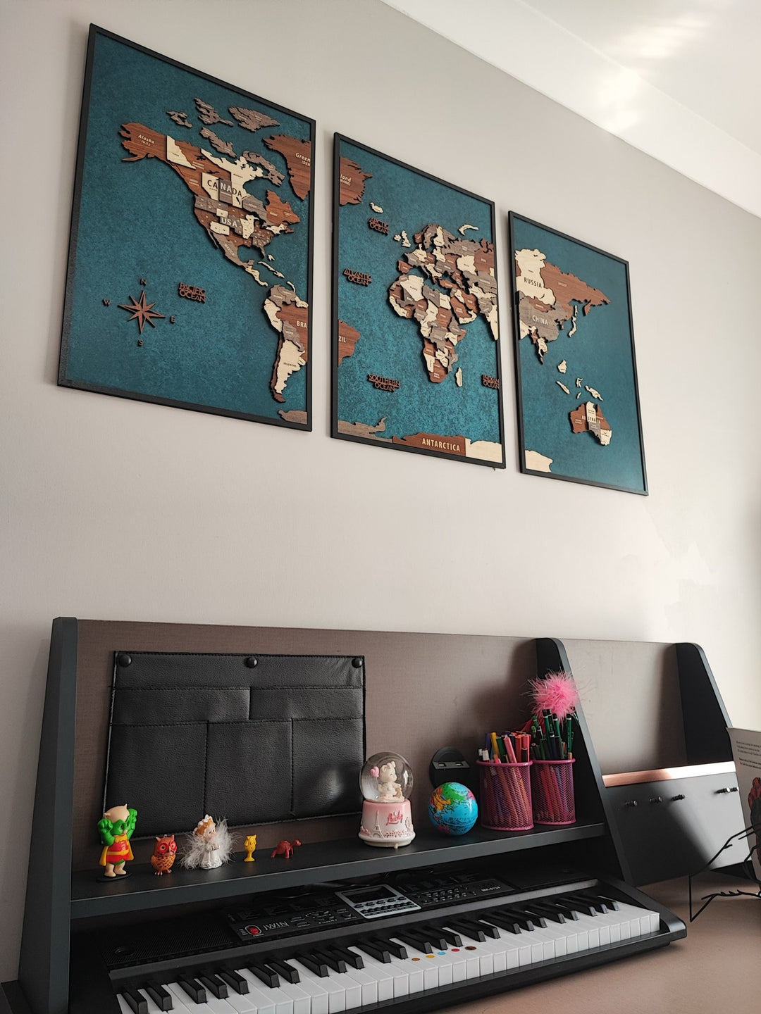 Wooden World Map 3D Multilayered, Pin Adventures & Home Decors in a customer's home