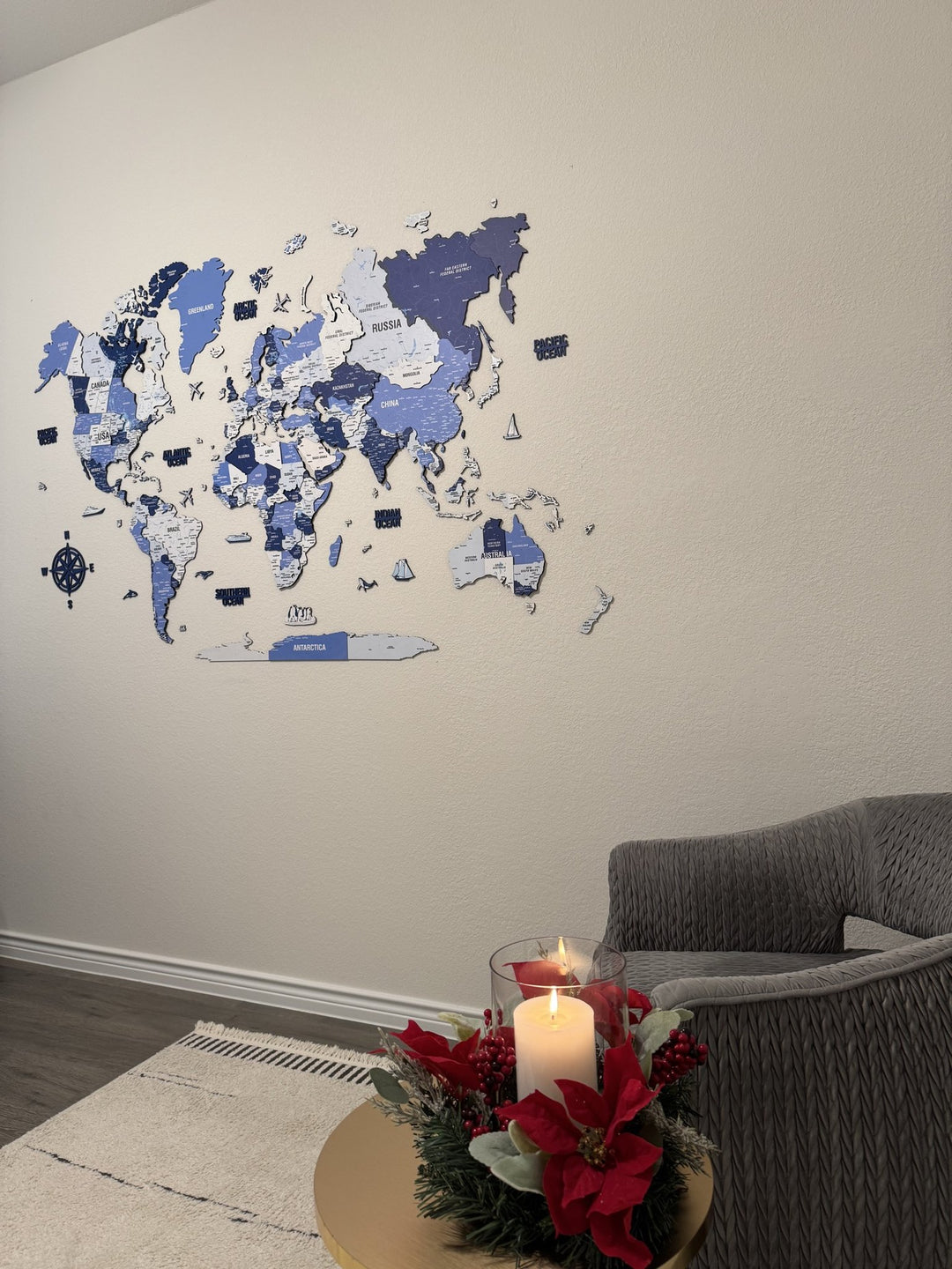 Wooden World Map with Pins - 3D & Vibrant Colors (Navy) in a customer's home