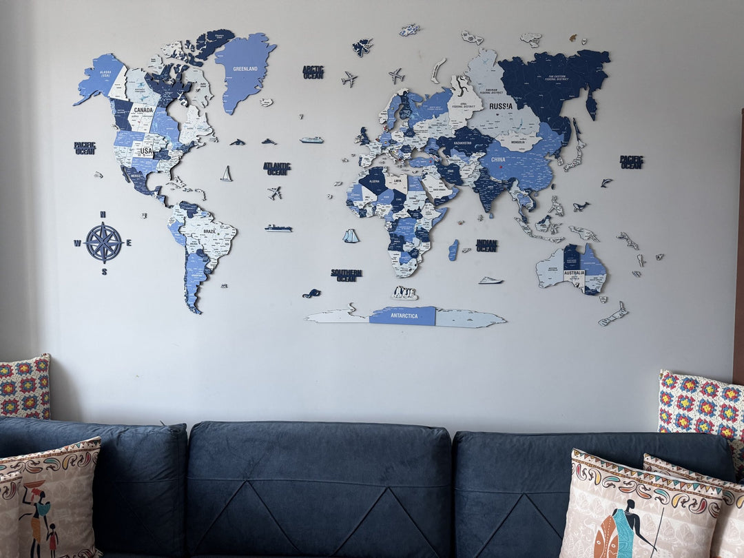 Wooden World Map with Pins - 3D & Vibrant Colors (Navy) in a customer's home