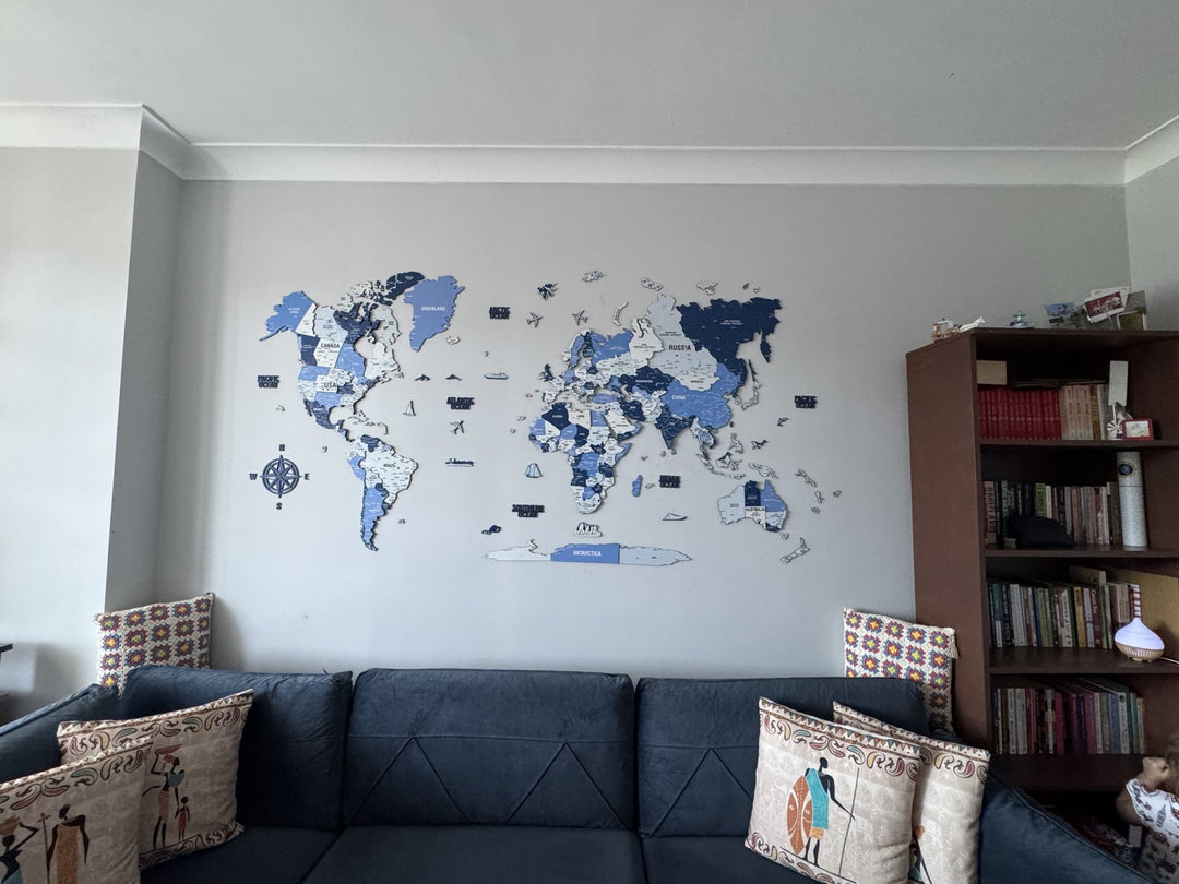 Wooden World Map with Pins - 3D & Vibrant Colors (Navy) in a customer's home