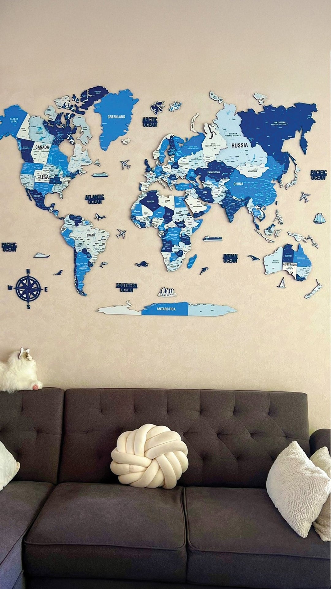 Wooden World Map with Pins - 3D & Vibrant Colors (Navy) styled by @adamiclts_official