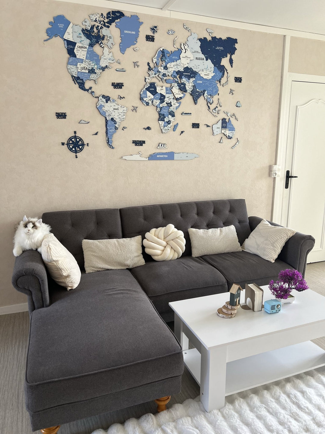 Wooden World Map with Pins - 3D & Vibrant Colors (Navy) styled by @adamiclts_official