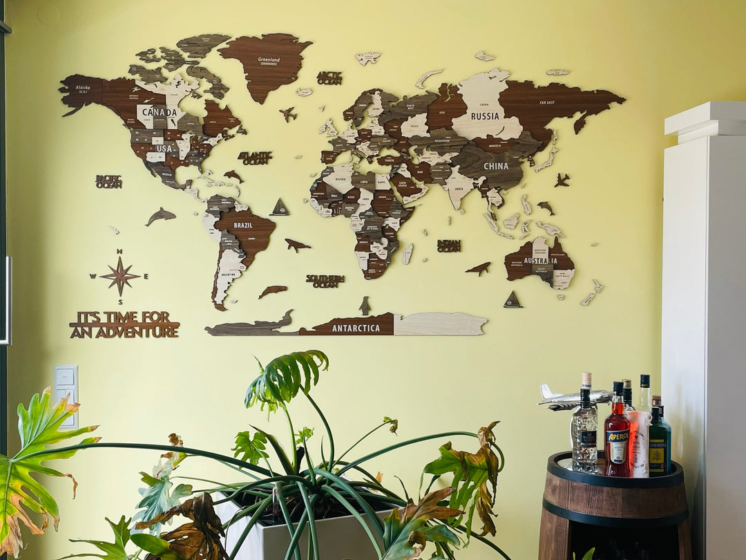 Wooden World Map Wall Art - 3d Wood Push Pin Maps, Multicolor in a customer's home