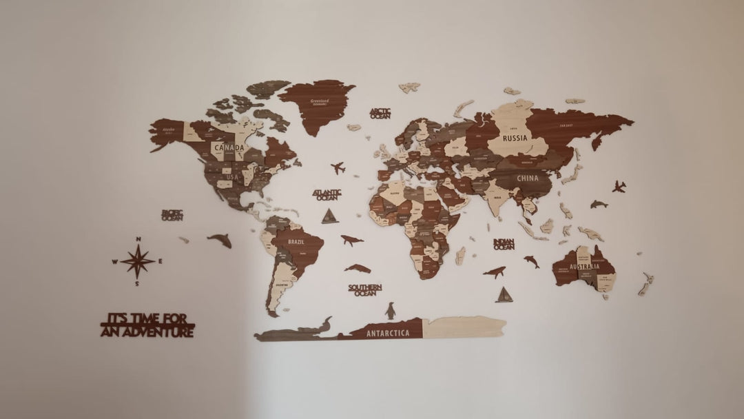 Wooden World Map Wall Art - 3d Wood Push Pin Maps, Multicolor in a customer's home
