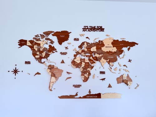 Wooden World Map Wall Art - 3d Wood Push Pin Maps, Multicolor in a customer's home