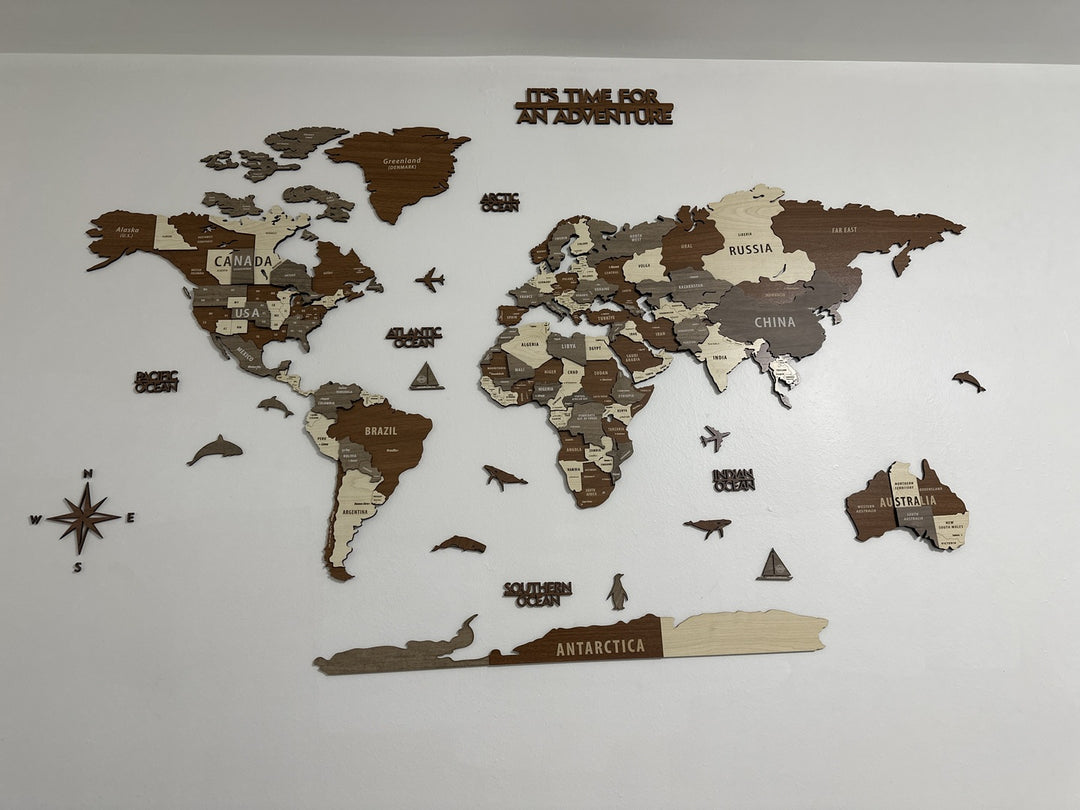 Wooden World Map Wall Art - 3d Wood Push Pin Maps, Multicolor in a customer's home