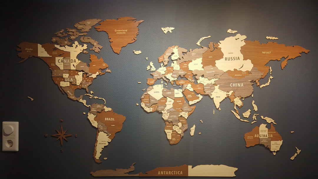 Wooden World Map Wall Art - 3d Wood Push Pin Maps, Multicolor in a customer's home