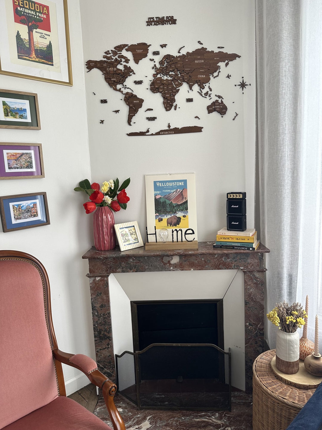 Wooden World Map for Wall - 3D Wood Push Pin Maps (Light Brown) in a customer's home