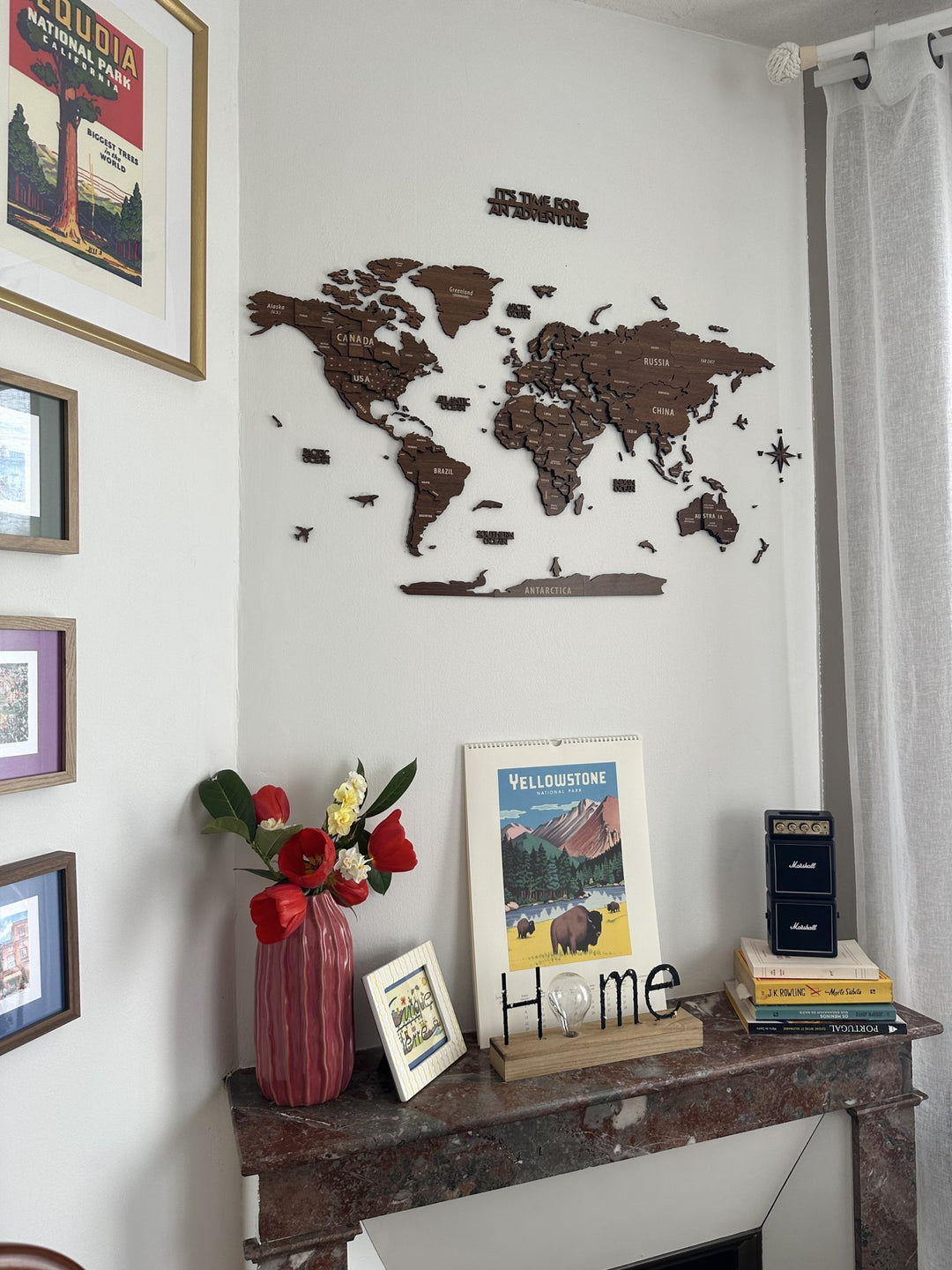 Wooden World Map for Wall - 3D Wood Push Pin Maps (Light Brown) in a customer's home