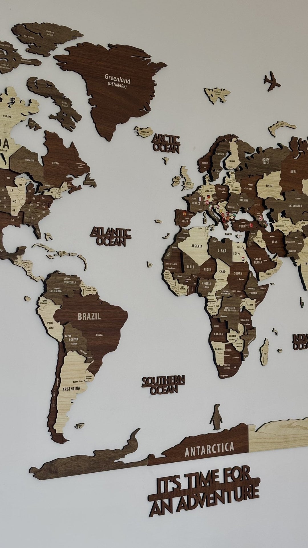 Wooden World Map Wall Art - 3d Wood Push Pin Maps, Multicolor in a customer's home