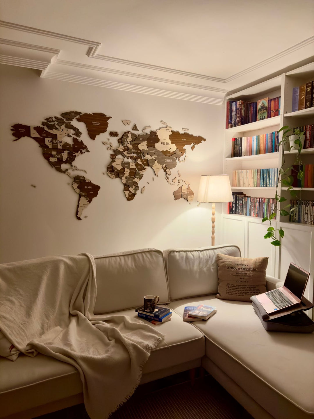 Wooden World Map Wall Art - 3d Wood Push Pin Maps, Multicolor in a customer's home