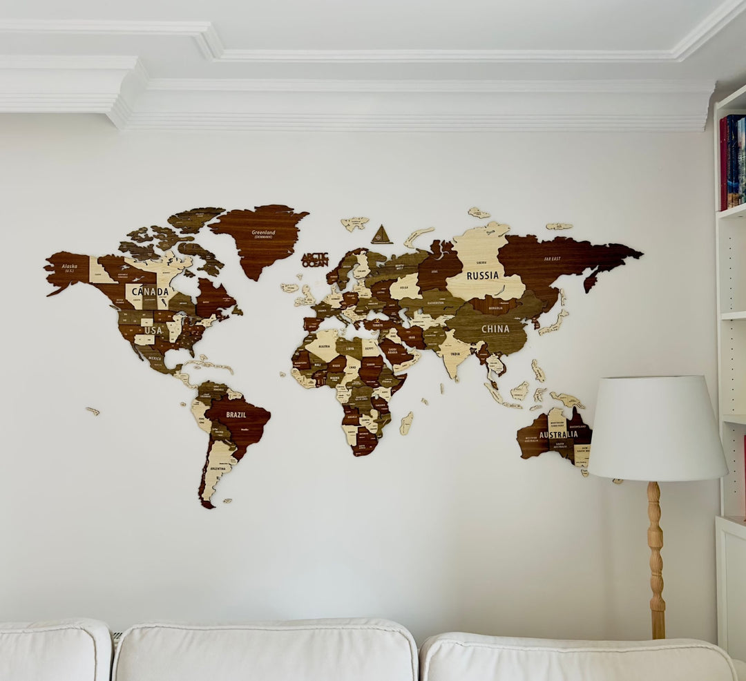 Wooden World Map Wall Art - 3d Wood Push Pin Maps, Multicolor in a customer's home