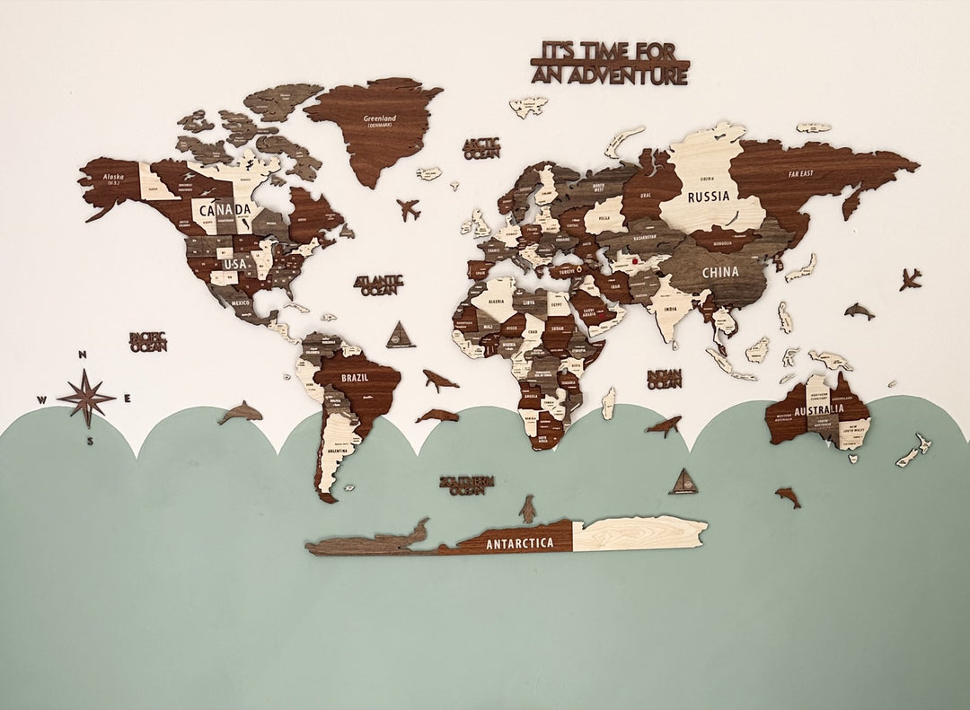 Wooden World Map Wall Art - 3d Wood Push Pin Maps, Multicolor in a customer's home