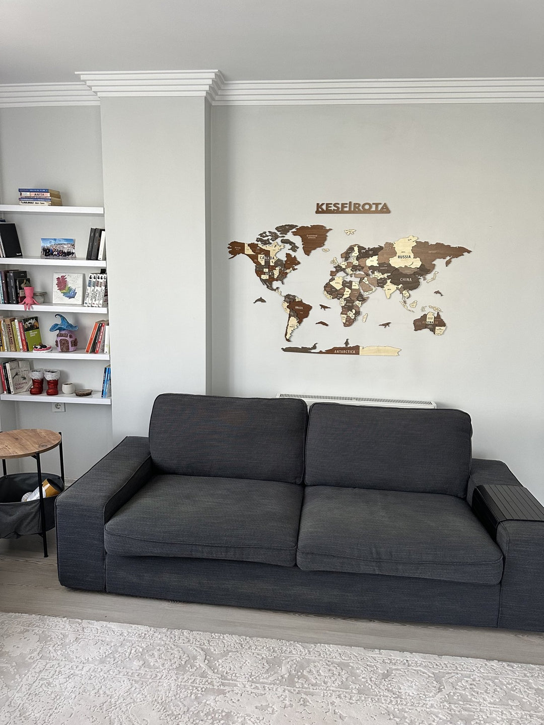Wooden World Map Wall Art - 3d Wood Push Pin Maps, Multicolor in a customer's home