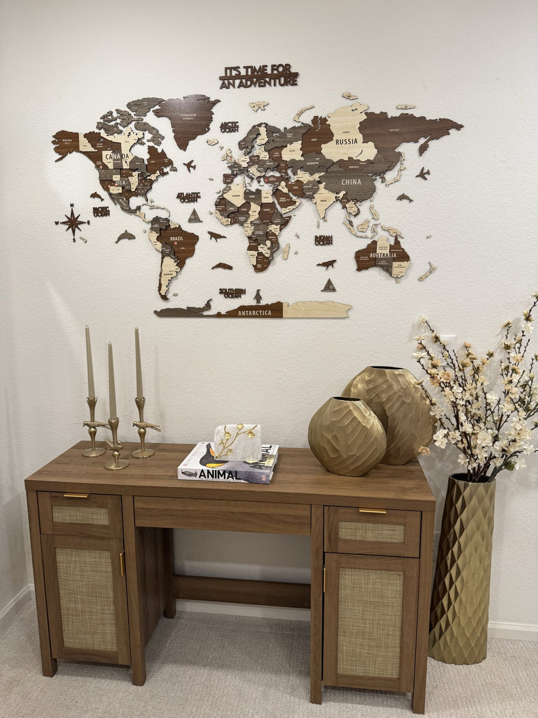 Wooden World Map Wall Art - 3d Wood Push Pin Maps, Multicolor in a customer's home