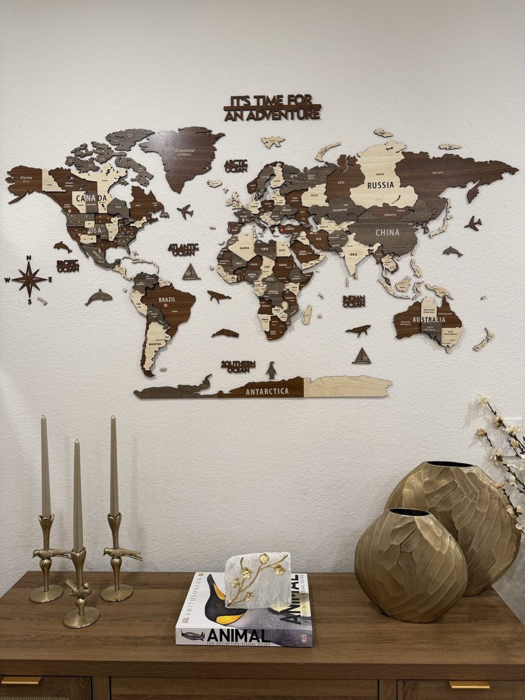 Wooden World Map Wall Art - 3d Wood Push Pin Maps, Multicolor in a customer's home