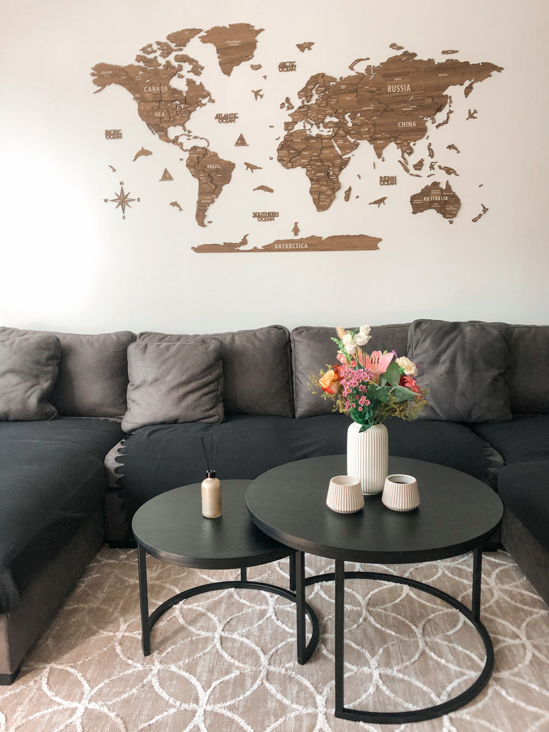 Wooden World Map Wall Art - 3d Wood Push Pin Maps, Multicolor in a customer's home