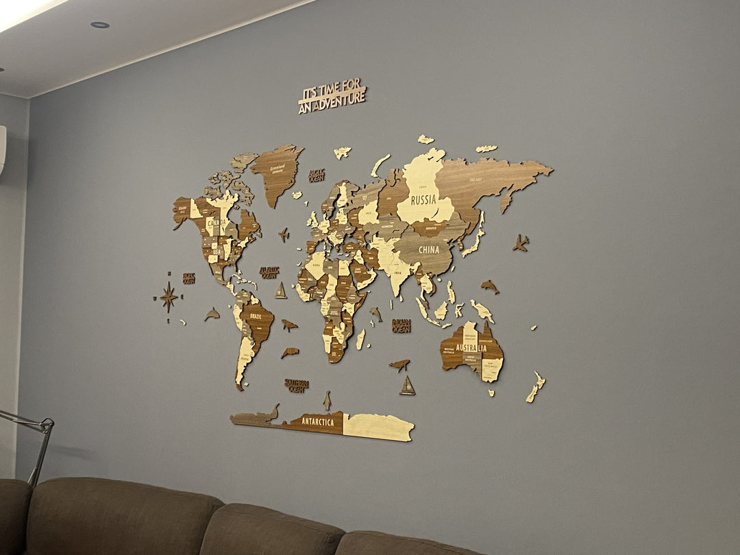 Wooden World Map Wall Art - 3d Wood Push Pin Maps, Multicolor in a customer's home