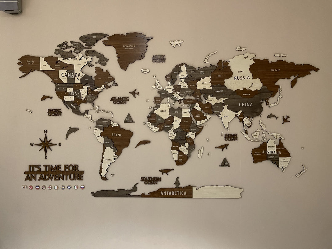 Wooden World Map Wall Art - 3d Wood Push Pin Maps, Multicolor in a customer's home
