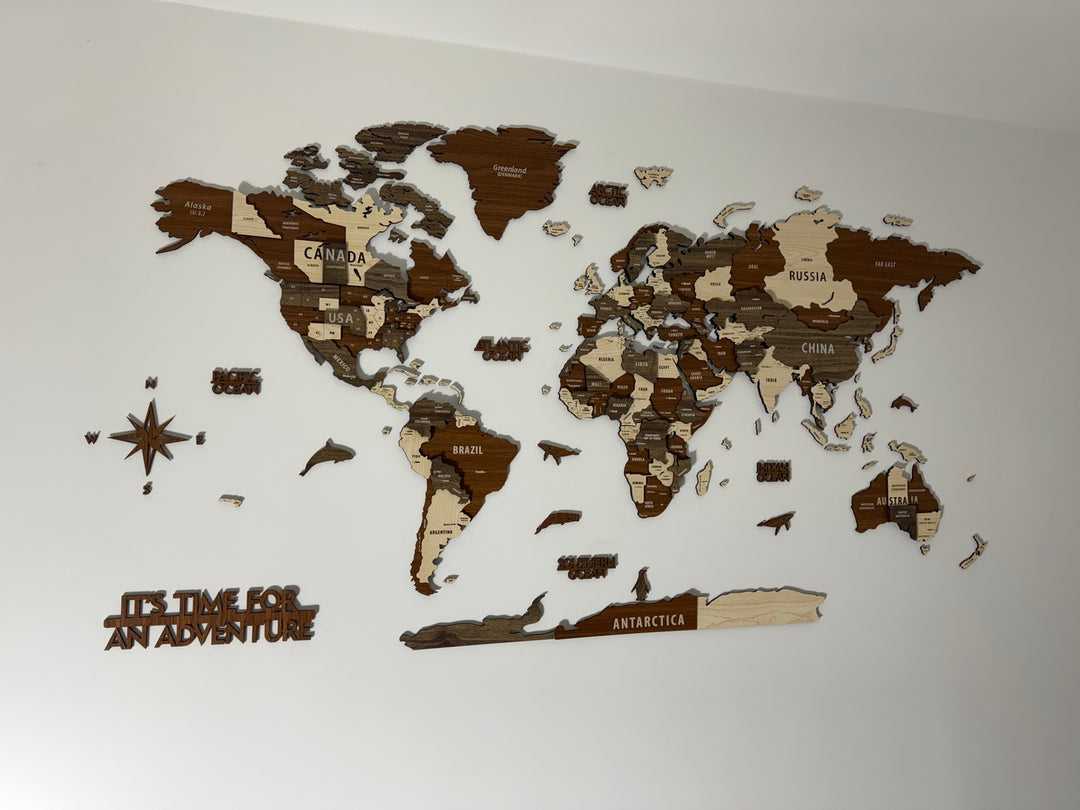 Wooden World Map Wall Art - 3d Wood Push Pin Maps, Multicolor in a customer's home