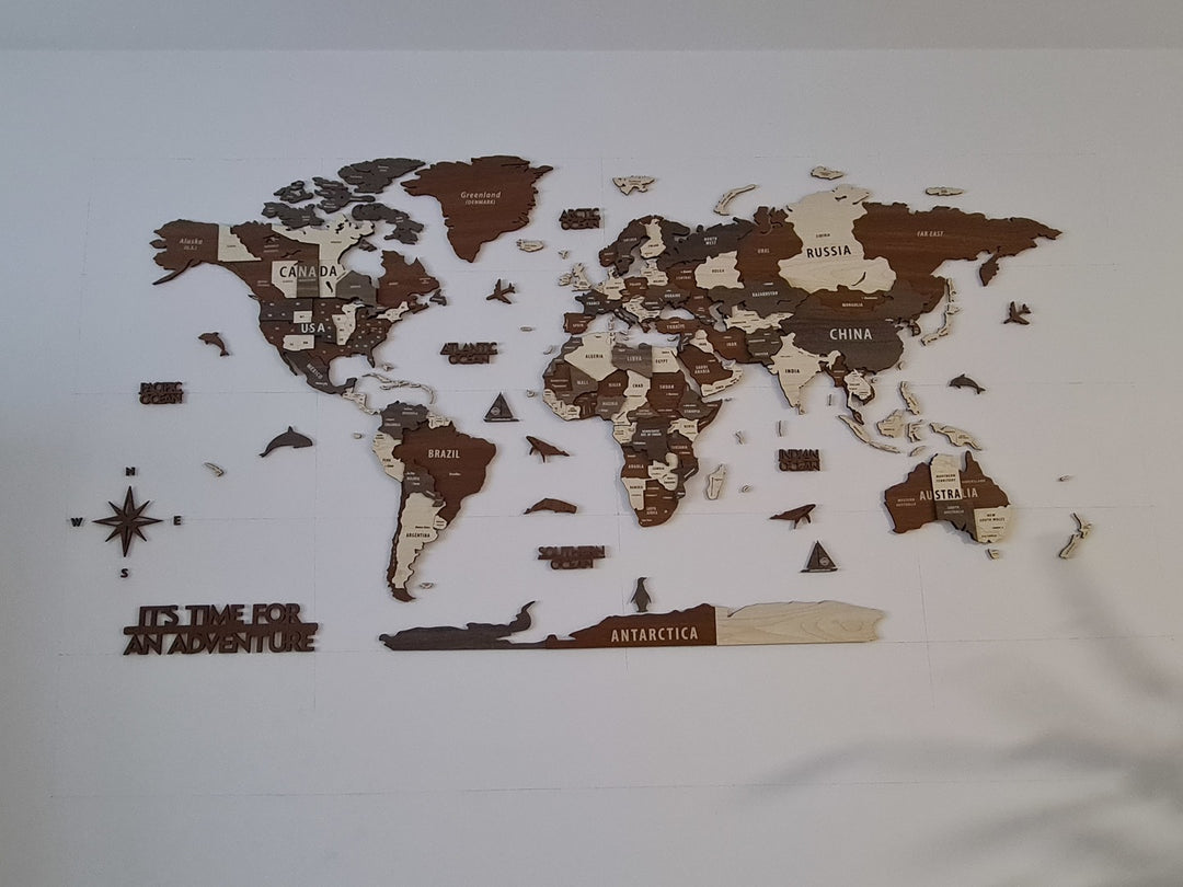 Wooden World Map Wall Art - 3d Wood Push Pin Maps, Multicolor in a customer's home