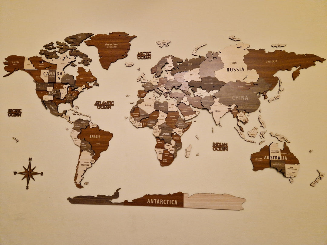 Wooden World Map Wall Art - 3d Wood Push Pin Maps, Multicolor in a customer's home