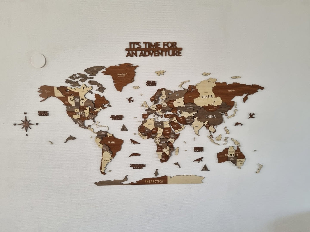 Wooden World Map Wall Art - 3d Wood Push Pin Maps, Multicolor in a customer's home