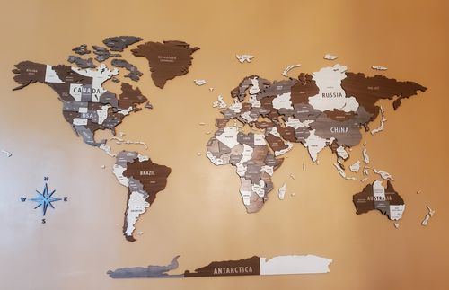 Wooden World Map Wall Art - 3d Wood Push Pin Maps, Multicolor in a customer's home