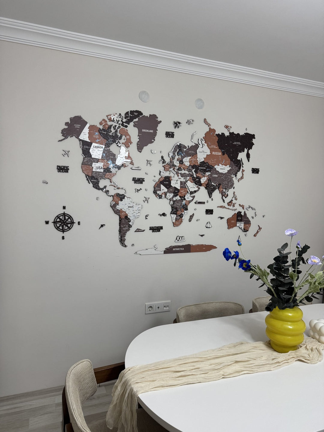 Wooden World Map Wall Art - UV Print, 3D Map with Vibrant Colors (Soil) in a customer's home